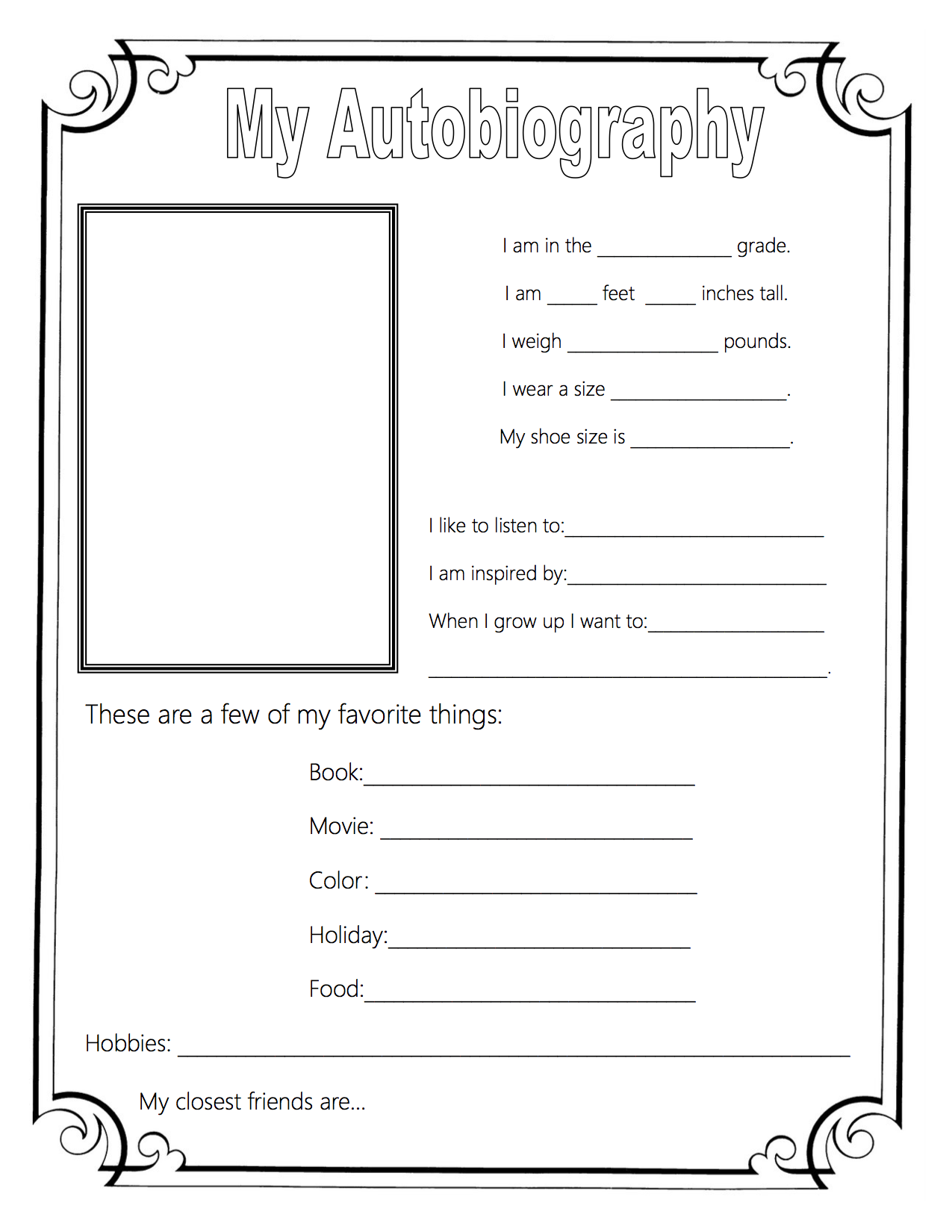 homeschool planner autobiography page